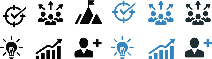 Business icons set for strategy, teamwork, innovation, growth, leadership, success, goals, progress, management, and collaboration in blue and black design