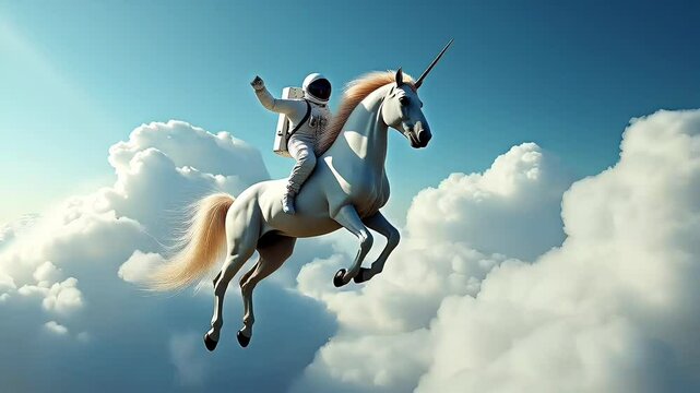 Astronaut Riding a White Unicorn Through the Clouds