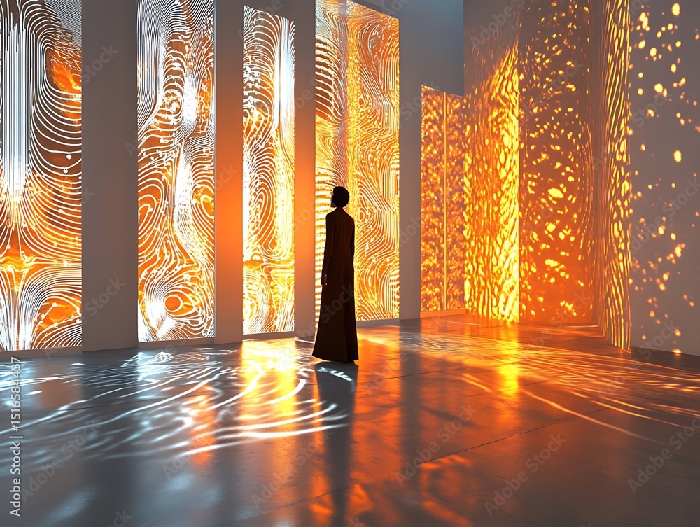 Poster mysterious figure immersed in ethereal light and abstract patterns showcase