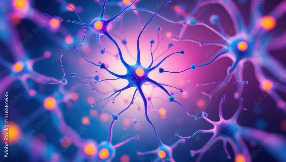 Poster abstract visualization of neural network connections with glowing synapses in vibrant purple and blu