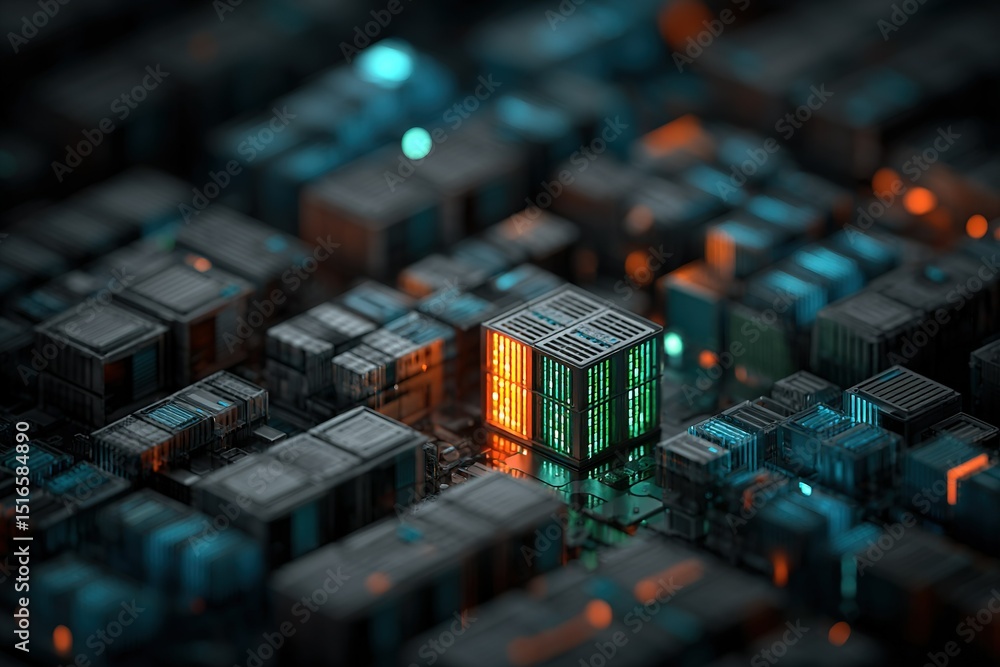 Poster close-up view of a glowing microchip among complex circuitry in an abstract digital landscape showca
