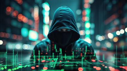 A masked figure with glowing eyes stands before a futuristic digital environment.