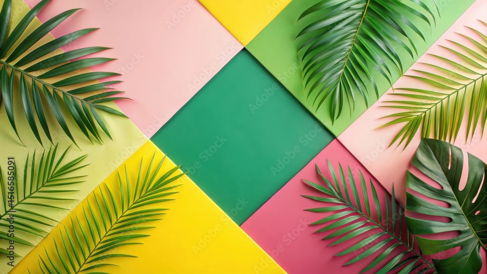 Poster vibrant tropical leaf composition on colorful geometric background featuring lush greenery and paste