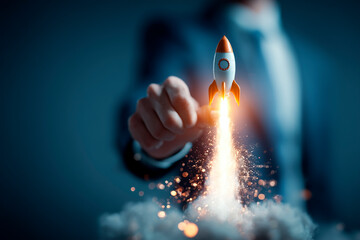 Businessman rocket launch investment growth