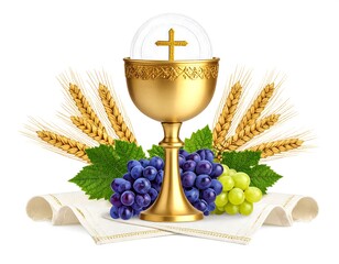 Golden chalice with bread and grapes