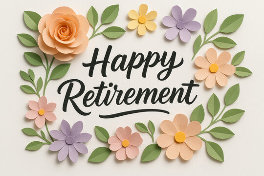 Handcrafted pastel paper flowers with green leaves arranged around happy retirement message on light background