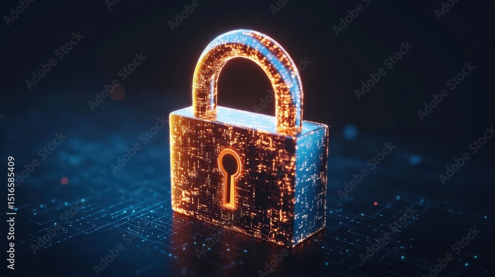 Poster digital security concept illustration of a glowing gold padlock on a dark tech background with data 