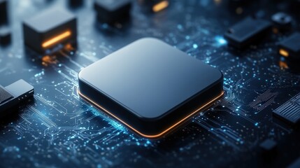 Close-up of a sleek modern computer chip or microprocessor on a circuit board with glowing electronic components