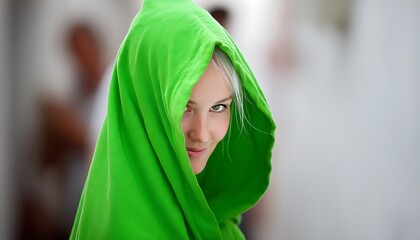 Fototapeta premium Woman in Green Hood Outdoors