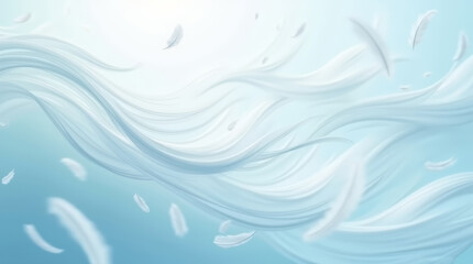 Abstract air currents with feathers, dust particles and soft gradients of white and blue suitable for use in nature, weather, energy, and conceptual backgrounds for Wind Day