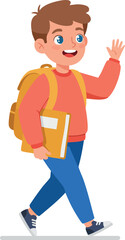 Happy young boy walking with backpack and book illustration in casual clothes vector 