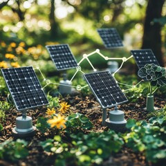 Solar panels arranged in a garden surrounded by vibrant flowers, showcasing renewable energy innovation