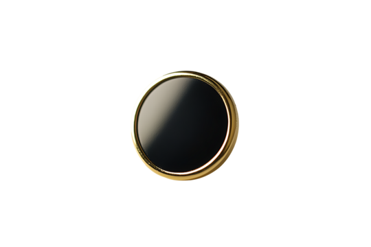 A Glossy black oval button with a thin gold metal border, elegant and simple, isolated on transparent background
