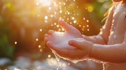 Fototapeta premium little kid hands wash with soap bubbles and rinse with clean water to prevent and stop the spread of germs after back to home, virus or covid19. Good health and good personal hygiene, virus, bacteria