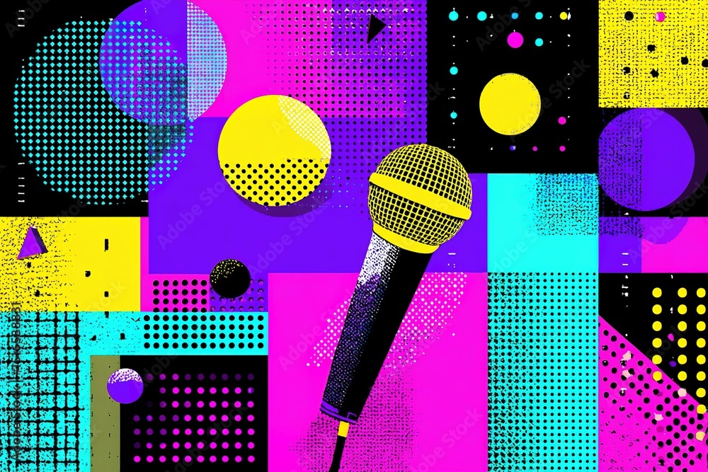 Poster colorful microphone design with vibrant geometric patterns and bold colors in an artistic compositio