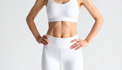 Fototapeta premium 引き締まったウエストラインの女性・白背景のフィットネス広告素材 Toned Waistline Woman in Sportswear – Clean White Fitness Advertising Image 