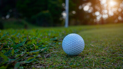 Golf ball is on a green lawn in a beautiful golf course with morning sunshine.