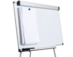 “White Presentation Board on Tripod Stand, Front View, PNG”.