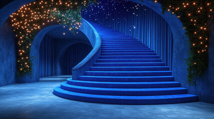 A stunning blue staircase illuminated by sparkling lights, creating a magical ambiance. Ideal for artistic projects, luxury interiors, and dreamy atmospheres