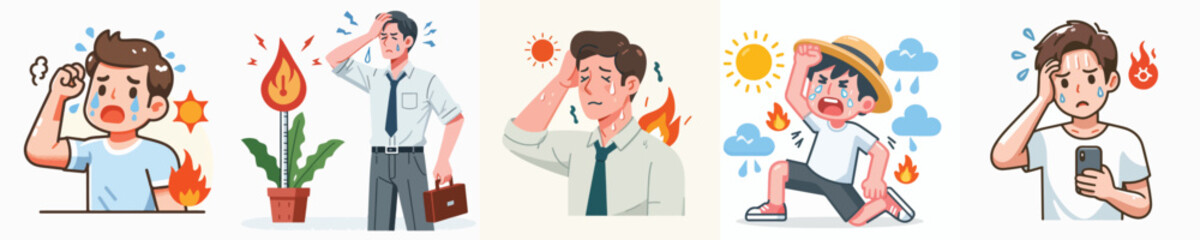 Vector of a man feeling hot.