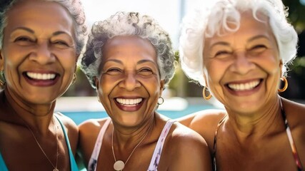 Three smiling older women with gray hair and stylish swimwear enjoying sunny day together at a pool or beach with relaxed vacation vibes - Powered by Adobe