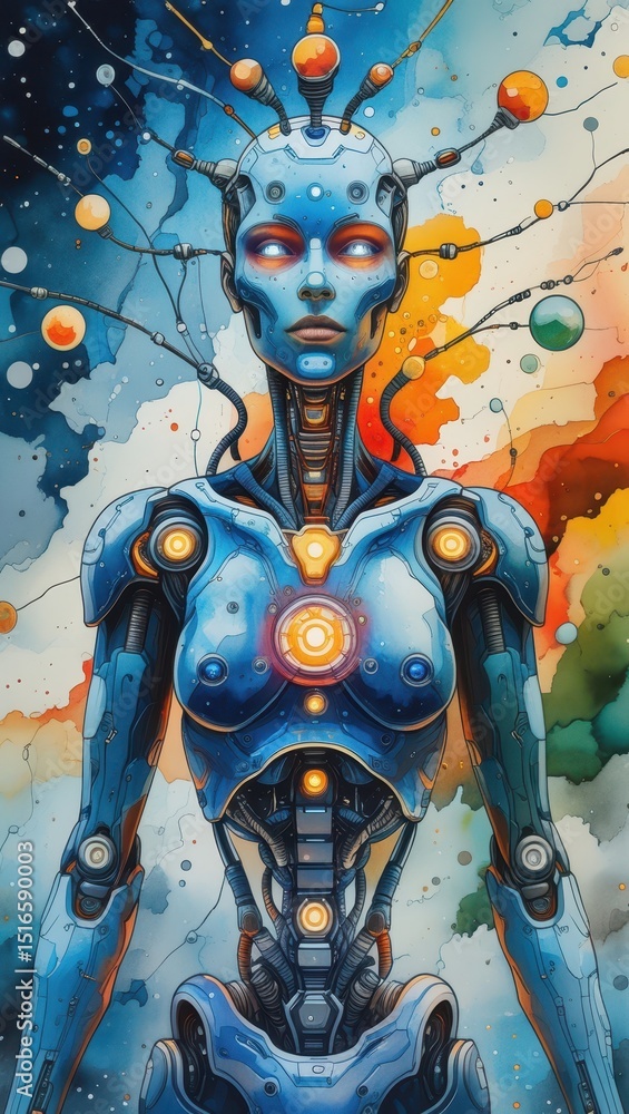 Poster futuristic humanoid robot with glowing elements and neural connections in a cosmic abstract backgrou