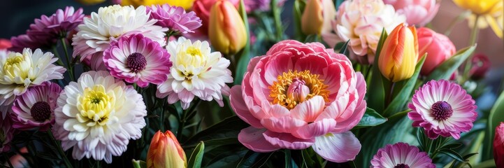 Vibrant bouquet with lush pink peony, white and pink chrysanthemums, and orange tulips. A celebration of fresh flowers, nature's beauty, and colorful elegance.