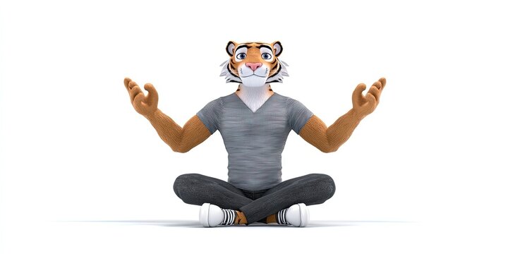 The tiger wearing black pants is sitting cross legged, with its hands stretched upwards, 3d style, cartoon style,white background, front view 
