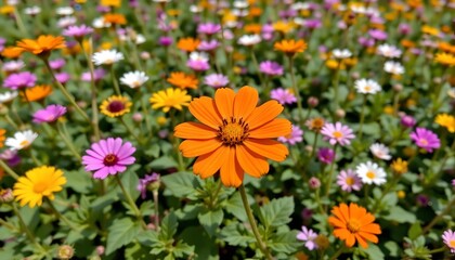 Obraz premium a vibrant garden filled with a variety of flowers. the majority of the flowers are orange, creating a warm and inviting atmosphere