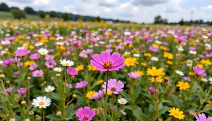 Fototapeta premium a vibrant meadow filled with wildflowers in full bloom, creating a lush carpet of color