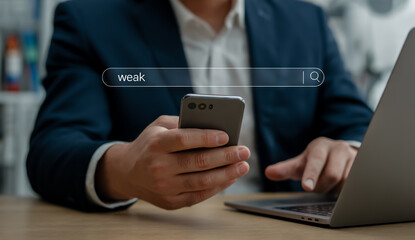 Searching for weak on phone and laptop concept for online research and information gathering now days