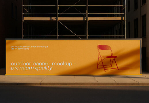 Outdoor Banner Mockup &ndash; Large Format Construction Site Display with Realistic Shadow and Sunset Lighting for Urban Advertising