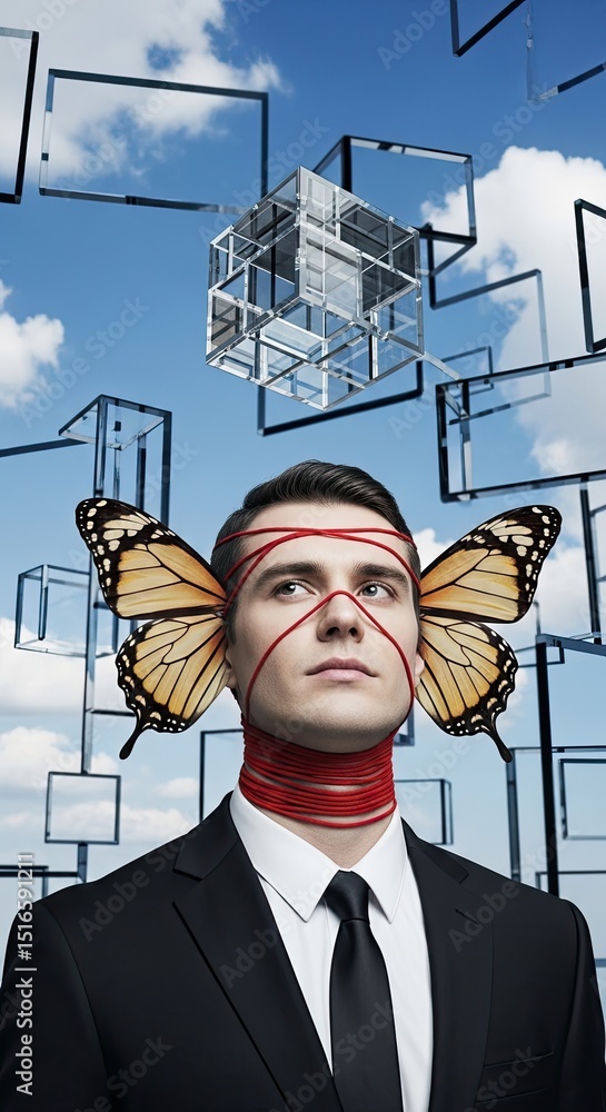 Poster portrait of a man with butterfly wings and red threads against a sky backdrop featuring geometric sh