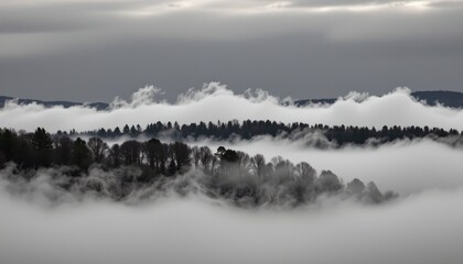 a serene landscape dominated by fog and mist. low lying clouds drape over a tranquil scene of a valley, shrouding the area in an ethereal white veil