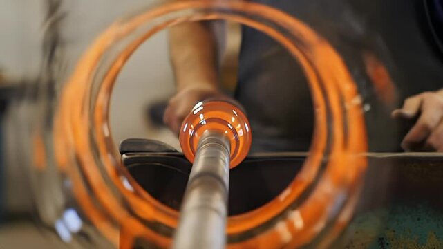 Glassblower shaping glowing molten glass, close-up, unique ring view.
