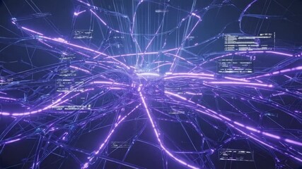 An abstract glowing neural network deep space, vibrant electric blue, fuchsia, gold 3D data nodes constantly morphing wireframe brain structure particle flows lens flares sci-fi touch. Cinematic slow - Powered by Adobe