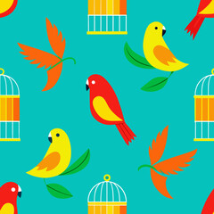 Fototapeta premium seamless parrot and birdcage pattern bright bird 