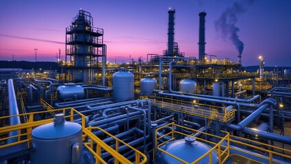 Fototapeta premium Industrial oil refinery plant with pipelines and storage tanks at sunset, emitting smoke into the sky