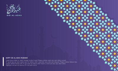 Eid al-Adha with Arabic ornaments and calligraphy Eid al-Adha on purple background