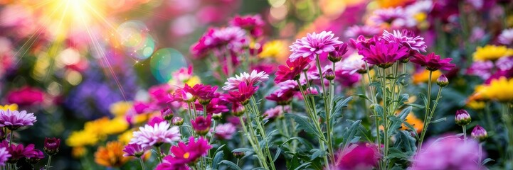 Fototapeta premium A vibrant, dreamy photograph captures a field of magenta chrysanthemums and other colorful flowers bathed in warm sunlight, creating a soft, ethereal atmosphere.