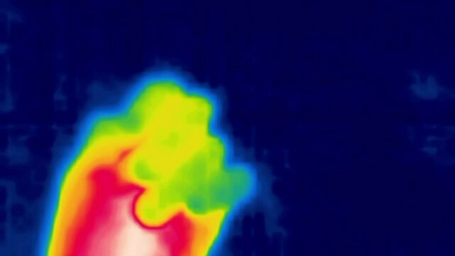 A hand, a palm. Gestures. Counting on your fingers. Image thermal imager device.