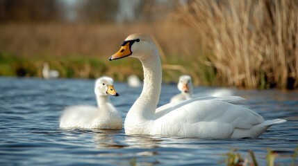 Fototapeta premium Elegant white swan with a long neck swimming in a calm lake with other swans nearby