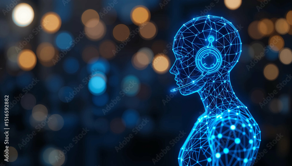 Poster futuristic digital assistant displays an avatar with network mesh and glowing nodes, showing a moder