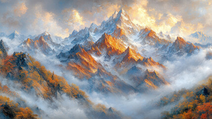 A stunning mountain landscape showcases towering peaks bathed in golden sunrise light, surrounded by soft clouds and vibrant autumn foliage, evoking tranquility