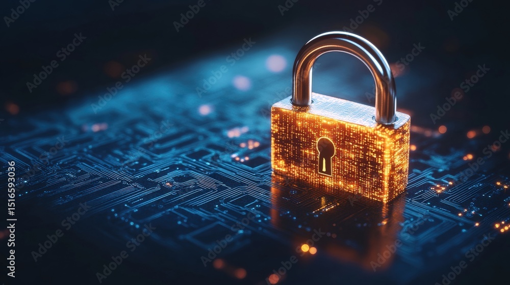 Aufkleber digital security concept featu a glowing golden padlock on a futuristic circuit board background rep