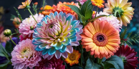 A highly detailed digital painting showcases a vibrant bouquet of dahlias, chrysanthemums, and asters in a spectrum of rainbow colors, highlighting intricate petal patterns.