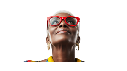 Hopeful Senior Woman Looking Upwards, Wearing Red Glasses