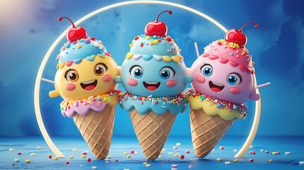 Three cheerful 3D cartoon ice cream cones, each topped with colorful spring