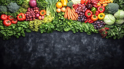 A vibrant arrangement of fresh organic vegetables and fruits on a dark surface. This colorful display showcases nature's bounty, ideal for healthy eating and culinary inspirations