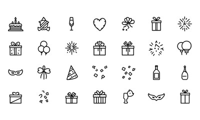Fototapeta premium Vector icon set of birthday celebration with gifts, balloons, cakes, and party decorations in line style